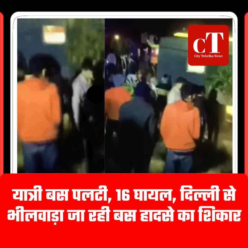 यात्री बस पलटी, 16 घायल, दिल्ली से भीलवाड़ा जा रही बस हादसे का शिकार